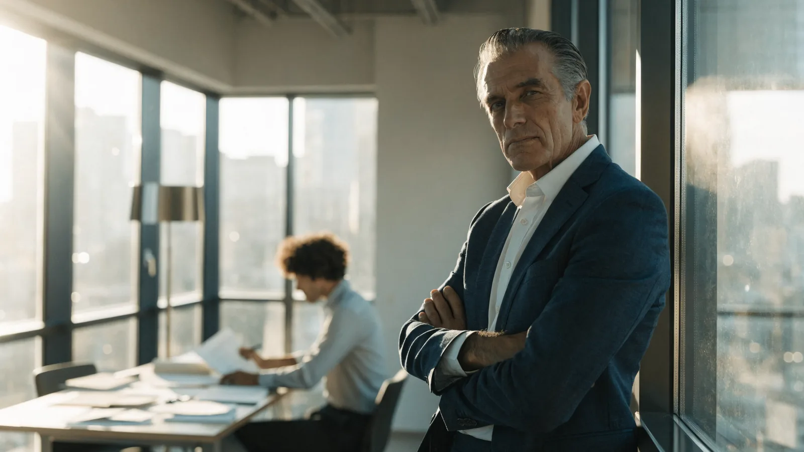 Photo of a pest-control operations owner by bright office windows considering an AI-native operating system, a colleague at a desk behind him in warm daylight