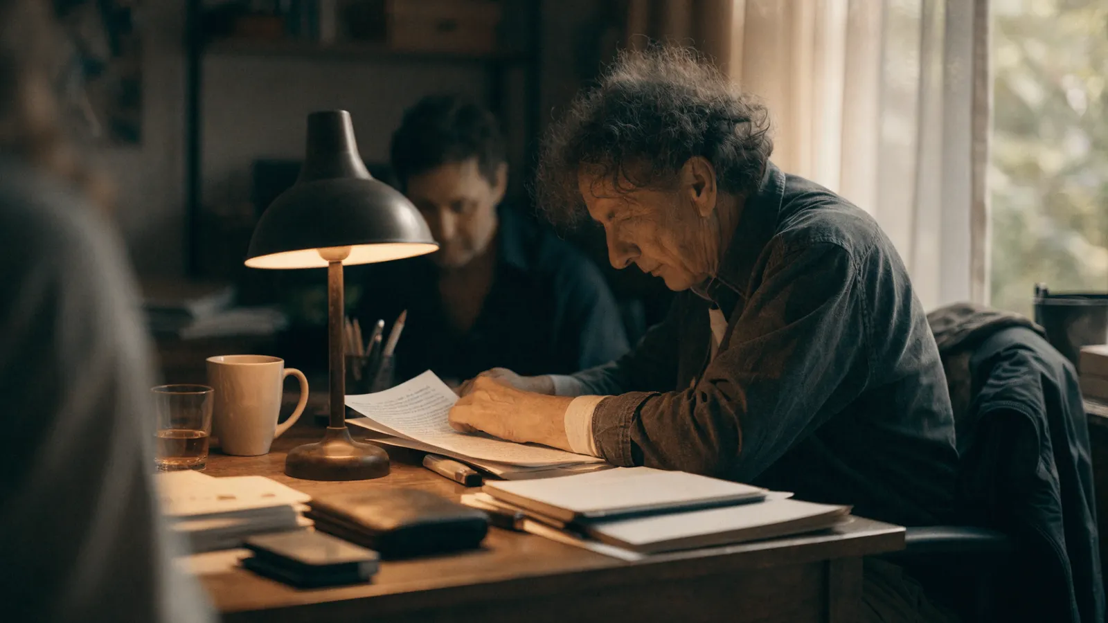 Photo of a small pest control owner reviewing paperwork by a desk lamp at night, weighing GorillaDesk versus moving to an enterprise intelligence layer