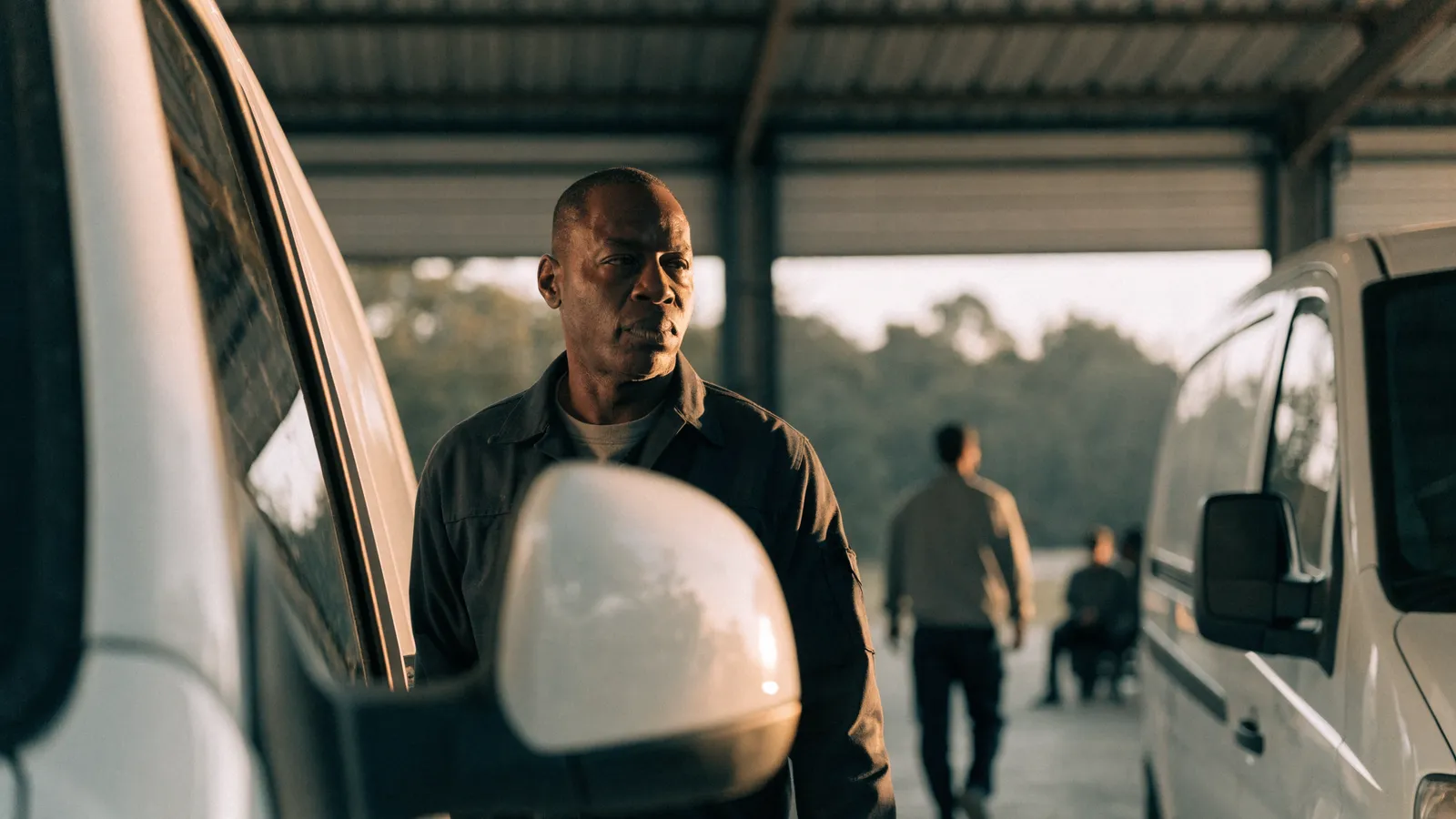Photo of a focused pest-control technician between two service vans in a fleet depot, weighing Ardenus whole-operation intelligence versus Solea's narrow front-desk tool.