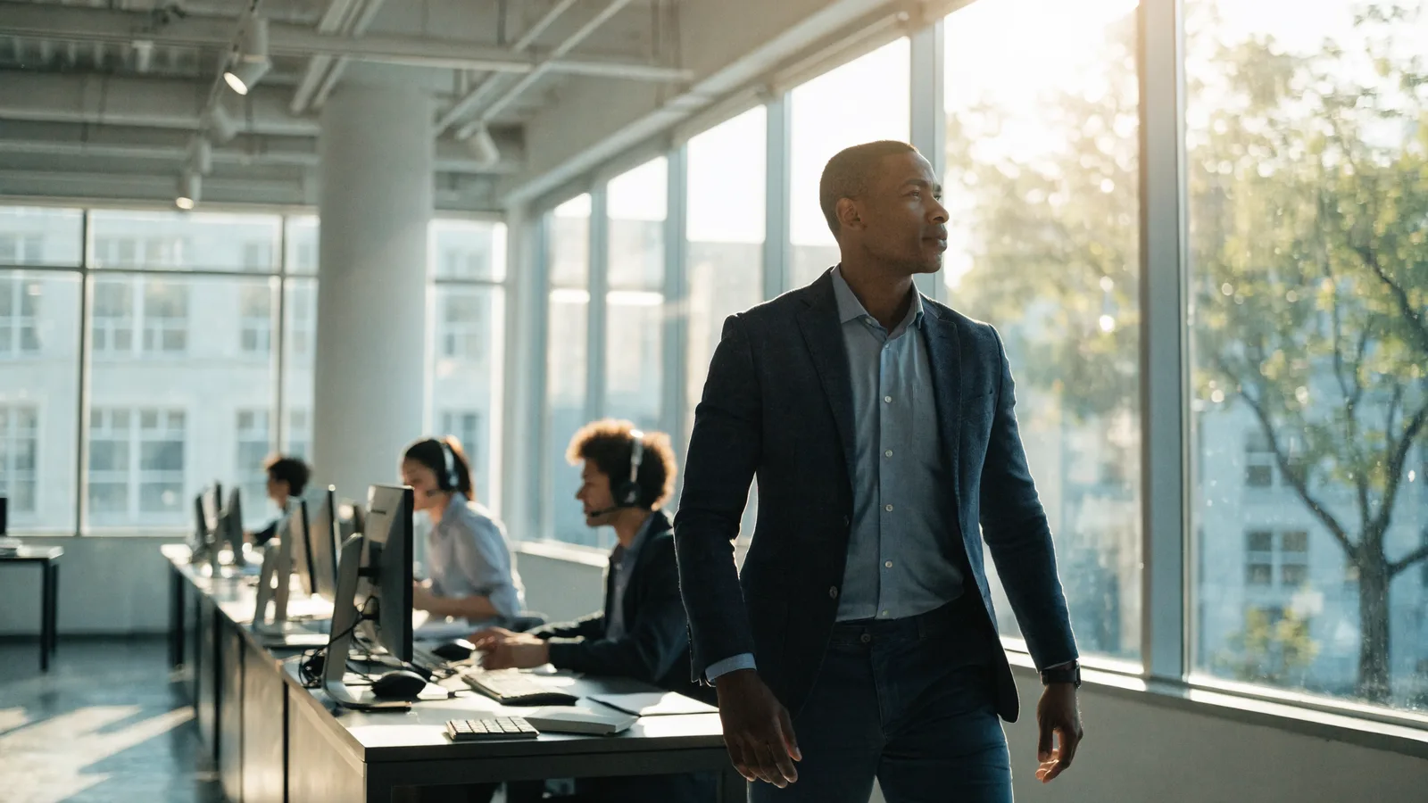 Color photo of a confident pest control operations leader walking through a bright open-plan office as a dispatch team works at screens behind, in vivid daylight.