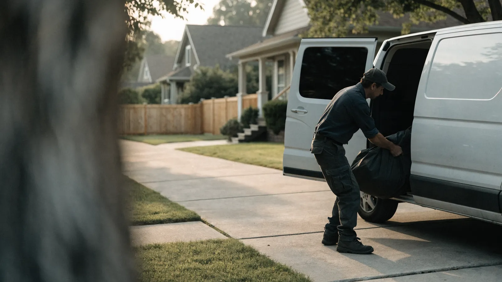Photo of a small-business pest control technician loading gear into a service van at dawn while choosing software.
