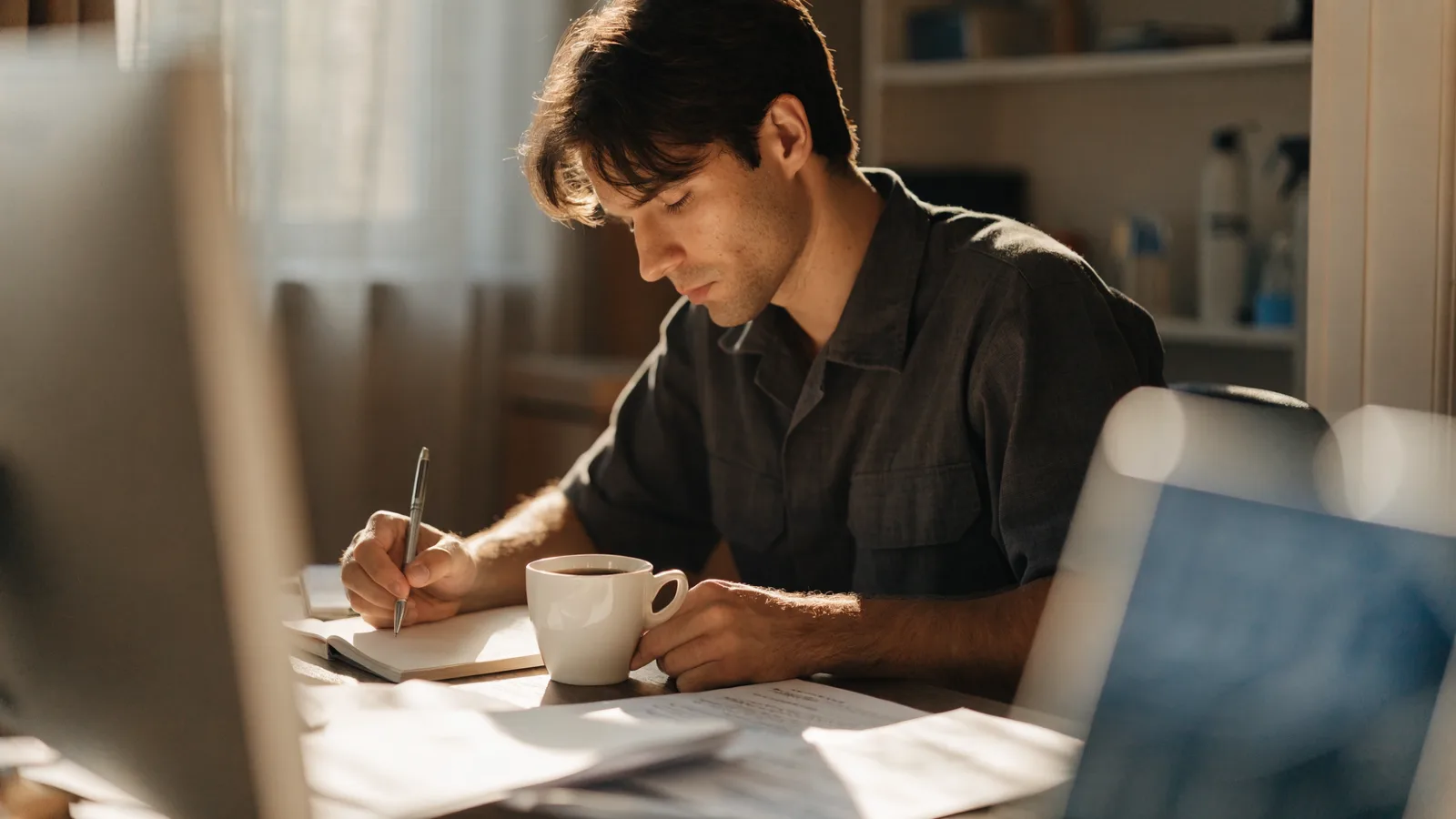 Color photo of a solo pest control operator at a sunlit home-office desk with a notebook and coffee, weighing free and low-cost software options in warm morning light.
