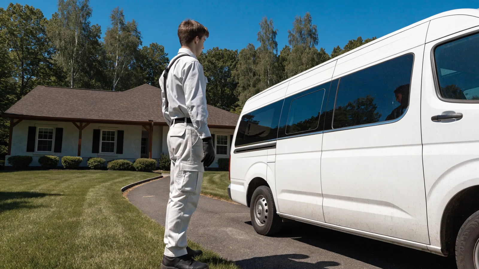 Photo of a pest control technician's hands on the wheel driving a route through a residential neighborhood, cutting windshield time between stops