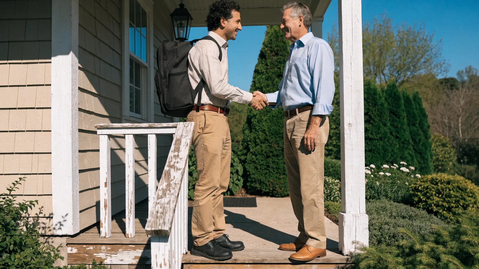 Photo of a pest control sales rep shaking hands with a homeowner on a porch after closing an estimate, increasing revenue