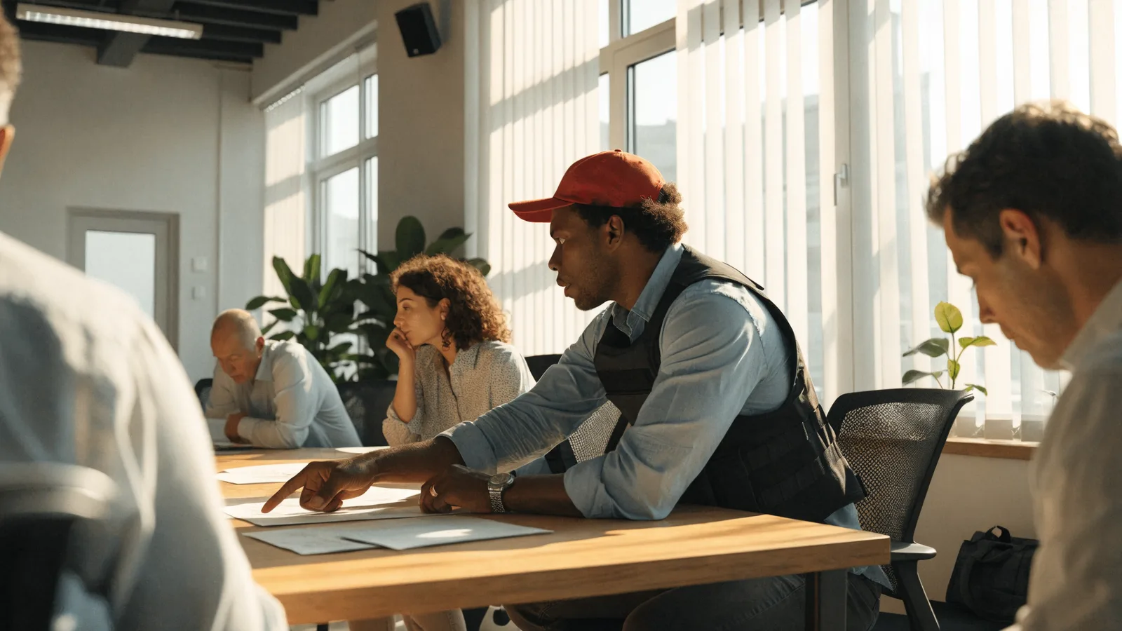 Photo of pest control operators reviewing a CRM buyer's guide shortlist and pricing paperwork together at an office table