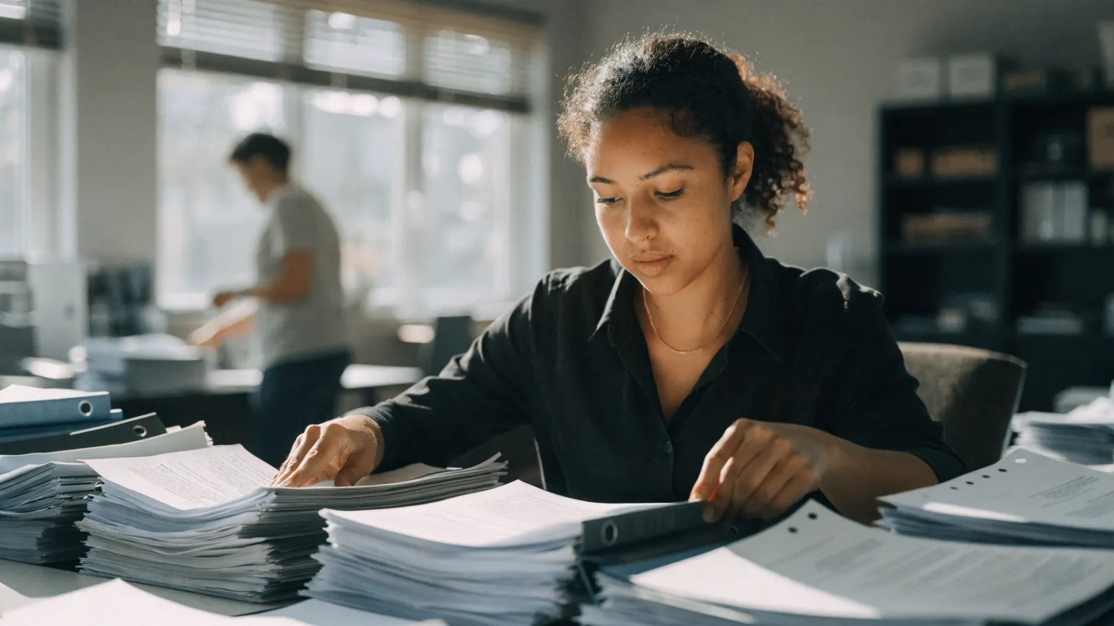 Photo of an office worker reconciling stacks of paper records and binders by hand, illustrating scattered pest control data unification