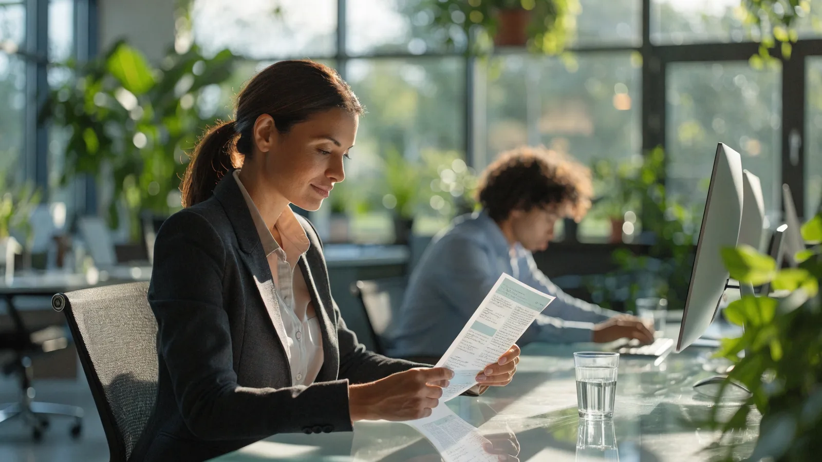 Photo of a pest control operations manager studying a printed performance report at her desk, weighing an intelligence layer over scattered data.