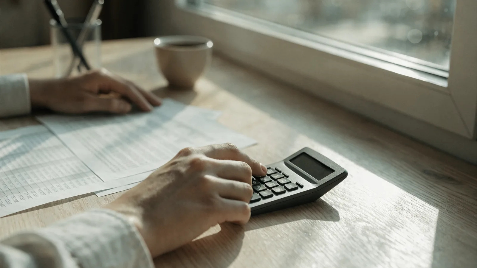 Photo of a pest control owner at a desk using a calculator over invoices, weighing pest control software pricing and costs.