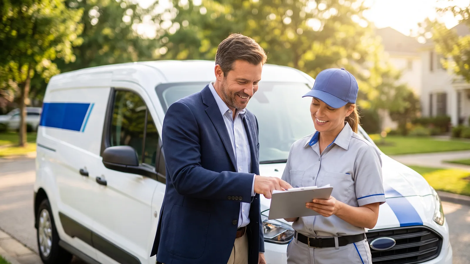 Bright editorial photo of a pest control branch manager and a uniformed field technician reviewing the day’s work together beside a service van in warm morning light, with subtle cobalt accents.