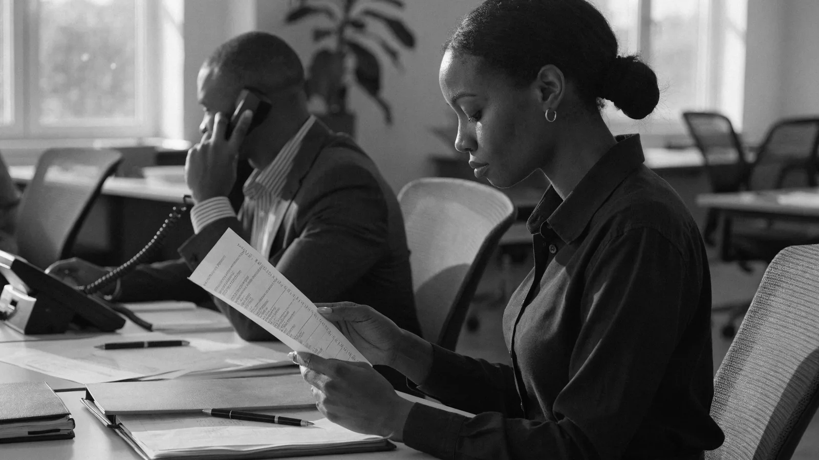 Pest-control office manager reviews at-risk customer accounts while a retention specialist takes a call, weighing PestPac plus a retention tool against one intelligence layer.