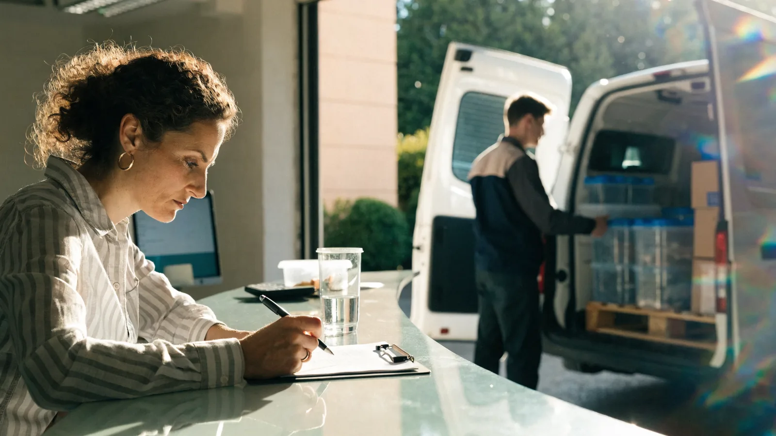 Bright color photo of a pest control office manager comparing software options on a clipboard at a service counter while a technician restocks a van through an open bay door.