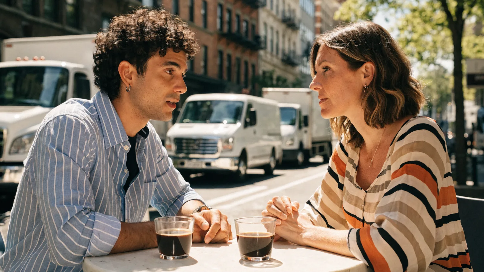 Bright color photo of two small pest control business owners chatting over coffee at an outdoor cafe table, service trucks parked along a sunlit street behind them