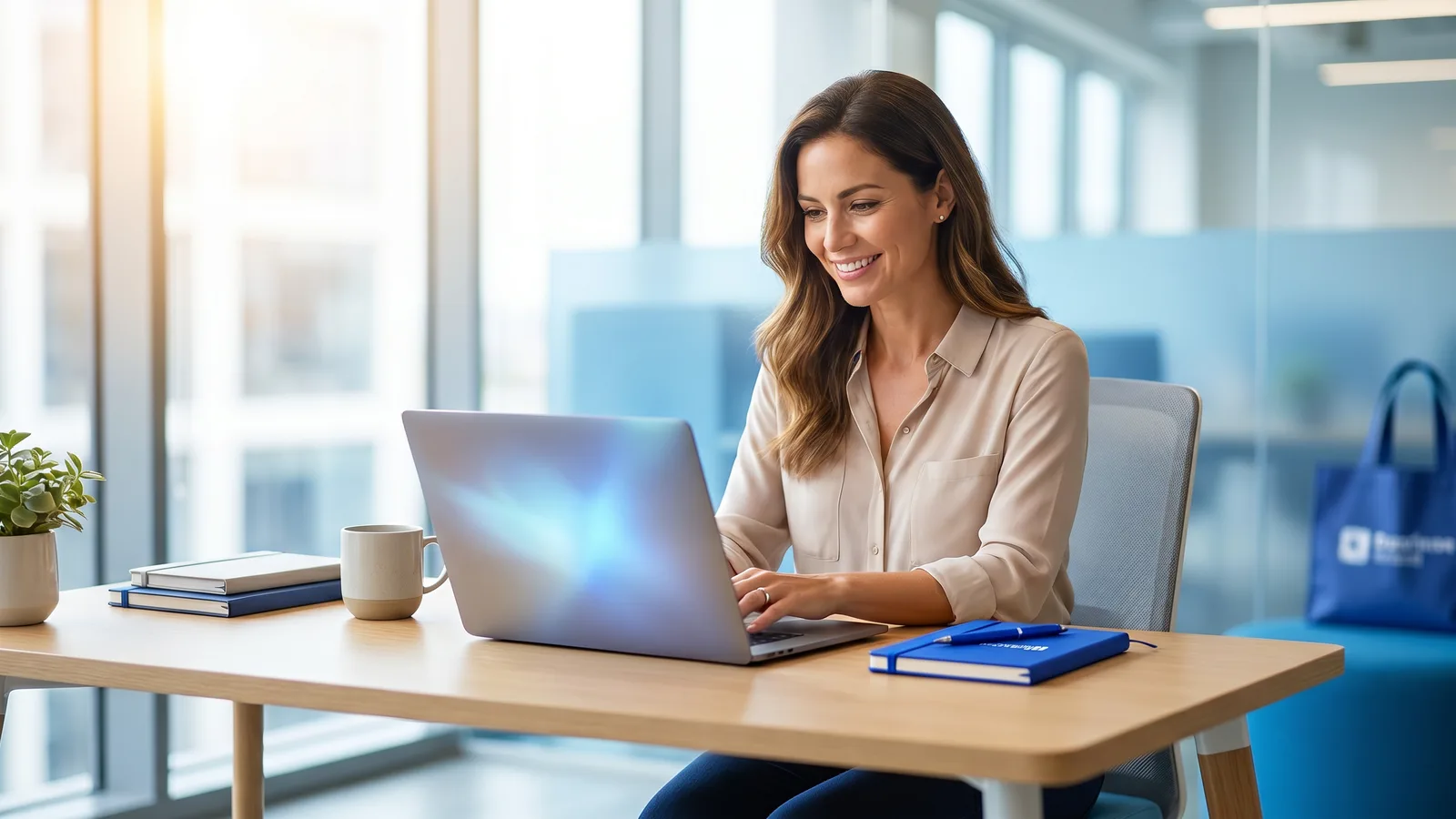 Bright HDR photo of a pest control operations manager at a sunlit office desk reviewing results on a laptop, recovering lost revenue across the business.
