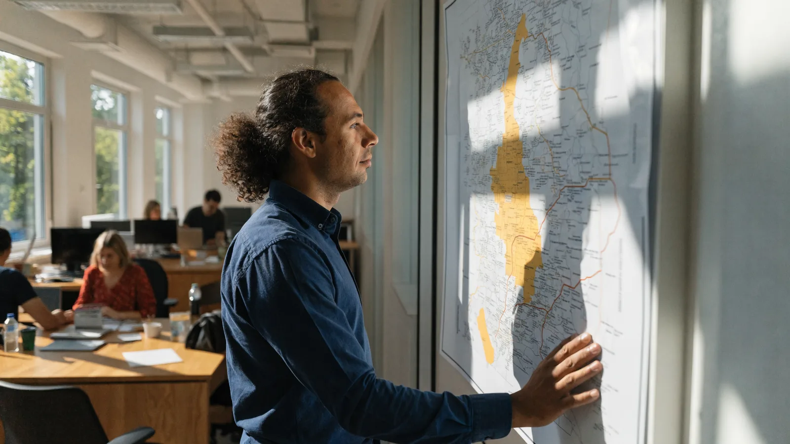 Photo of a pest-control operations manager weighing ServiceTitan alternatives while studying a large wall-mounted route map with colleagues nearby.