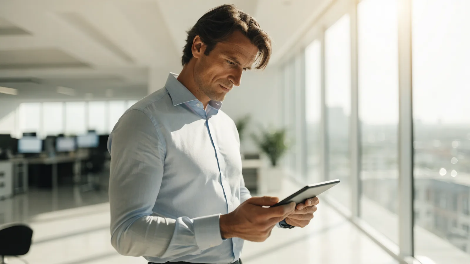 Photo of a pest control owner reviewing operational data on a tablet, the work AI pest control software automates
