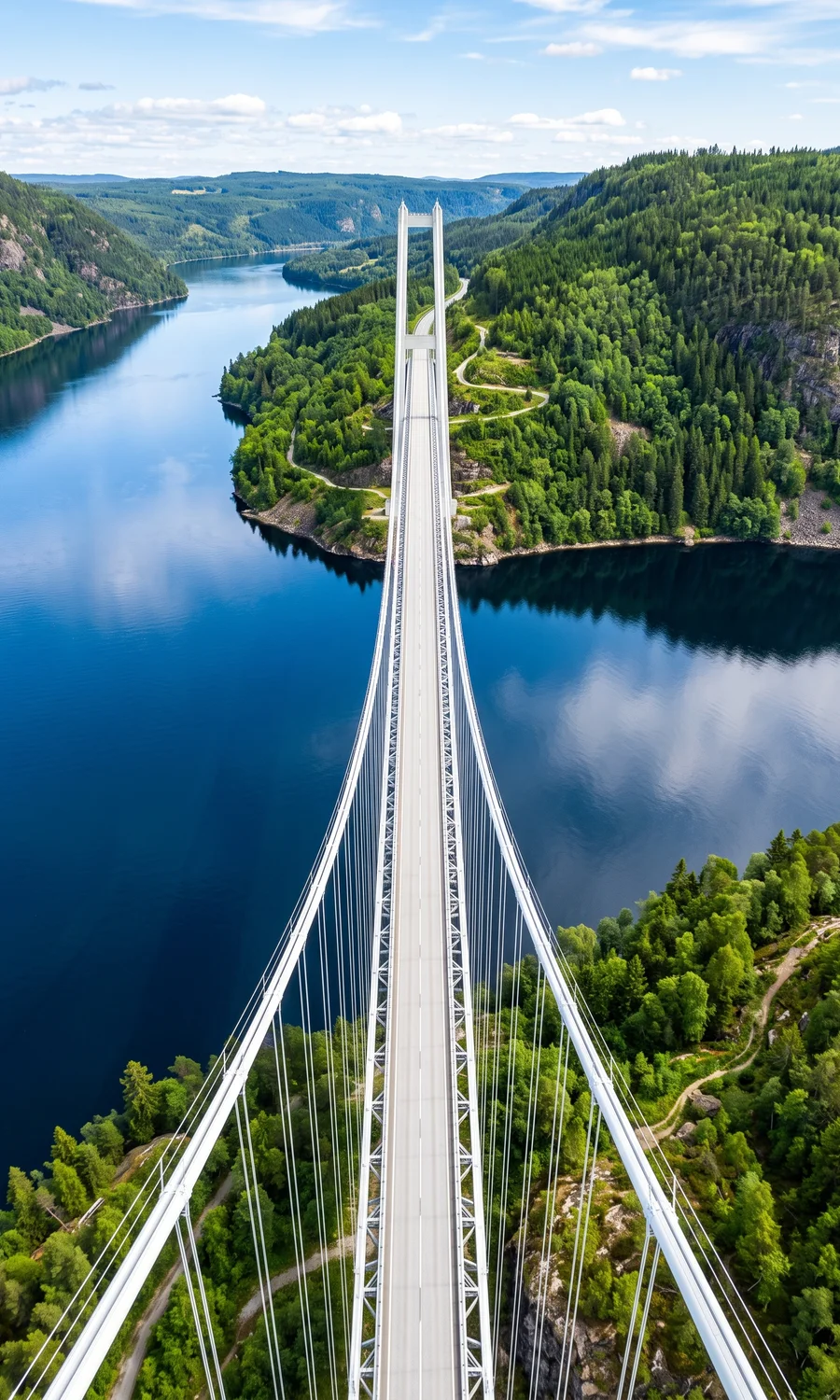 Aerial view of a long white suspension bridge with tall towers and sweeping cables spanning a deep blue river between steep forested banks on a clear day.