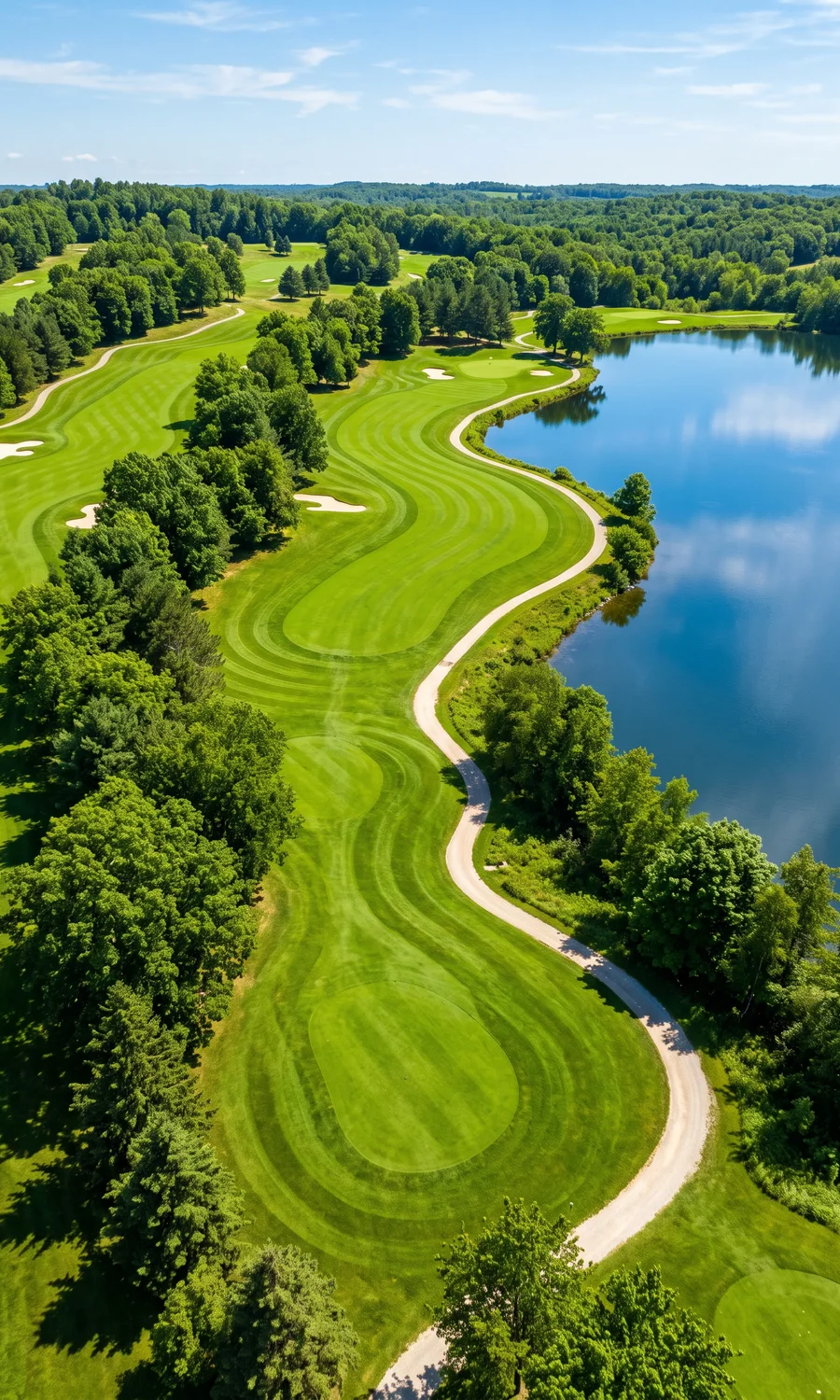 Aerial view of a manicured green golf-course fairway curving along the edge of a calm blue lake.