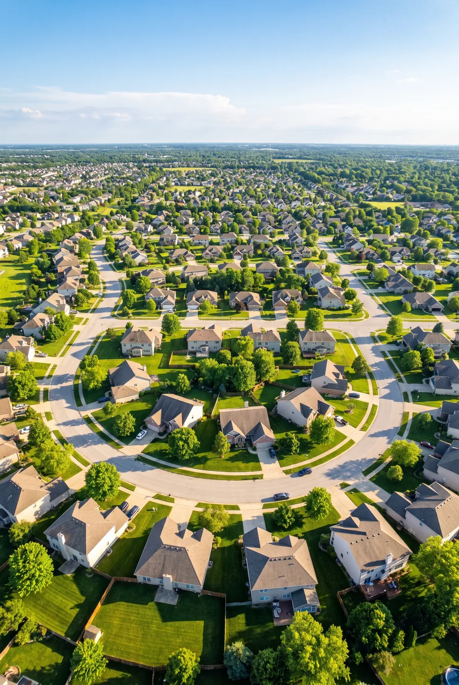 Aerial view of a suburban neighborhood laced with the streets a field operation covers.
