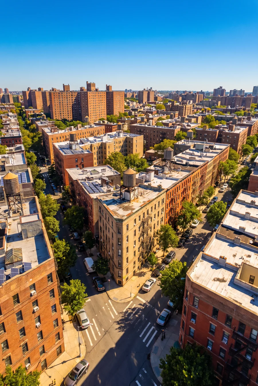 Aerial view over a dense New York City residential district of brick apartment blocks, rooftop water towers, and the street grid.