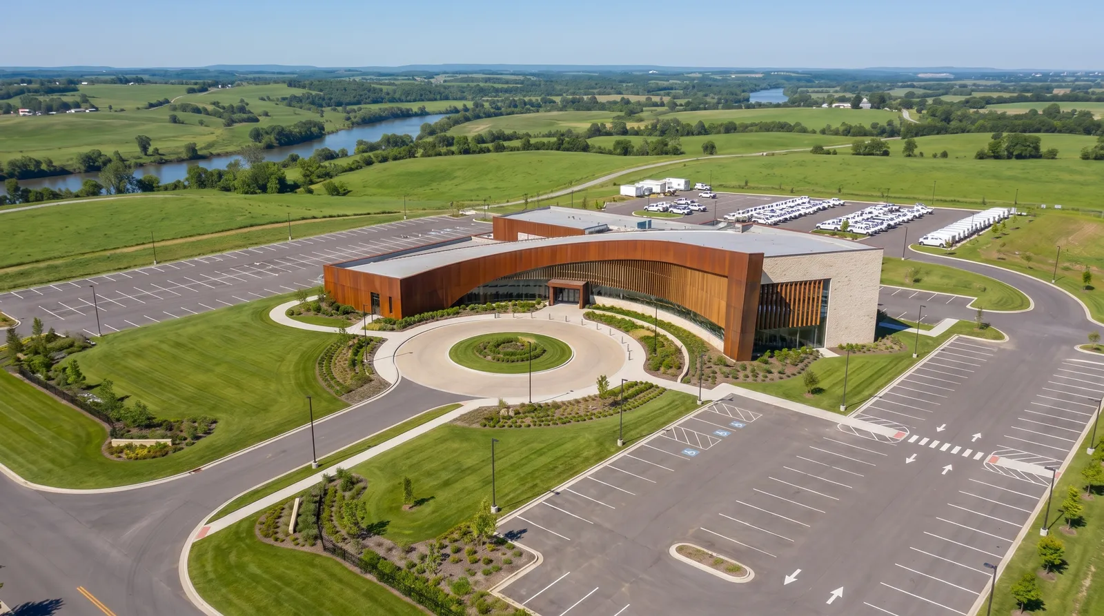 High aerial view of a modern field-service headquarters — a sculptural riverside building with its fleet of white service vans staged in the rear lot, set in green river-valley countryside.